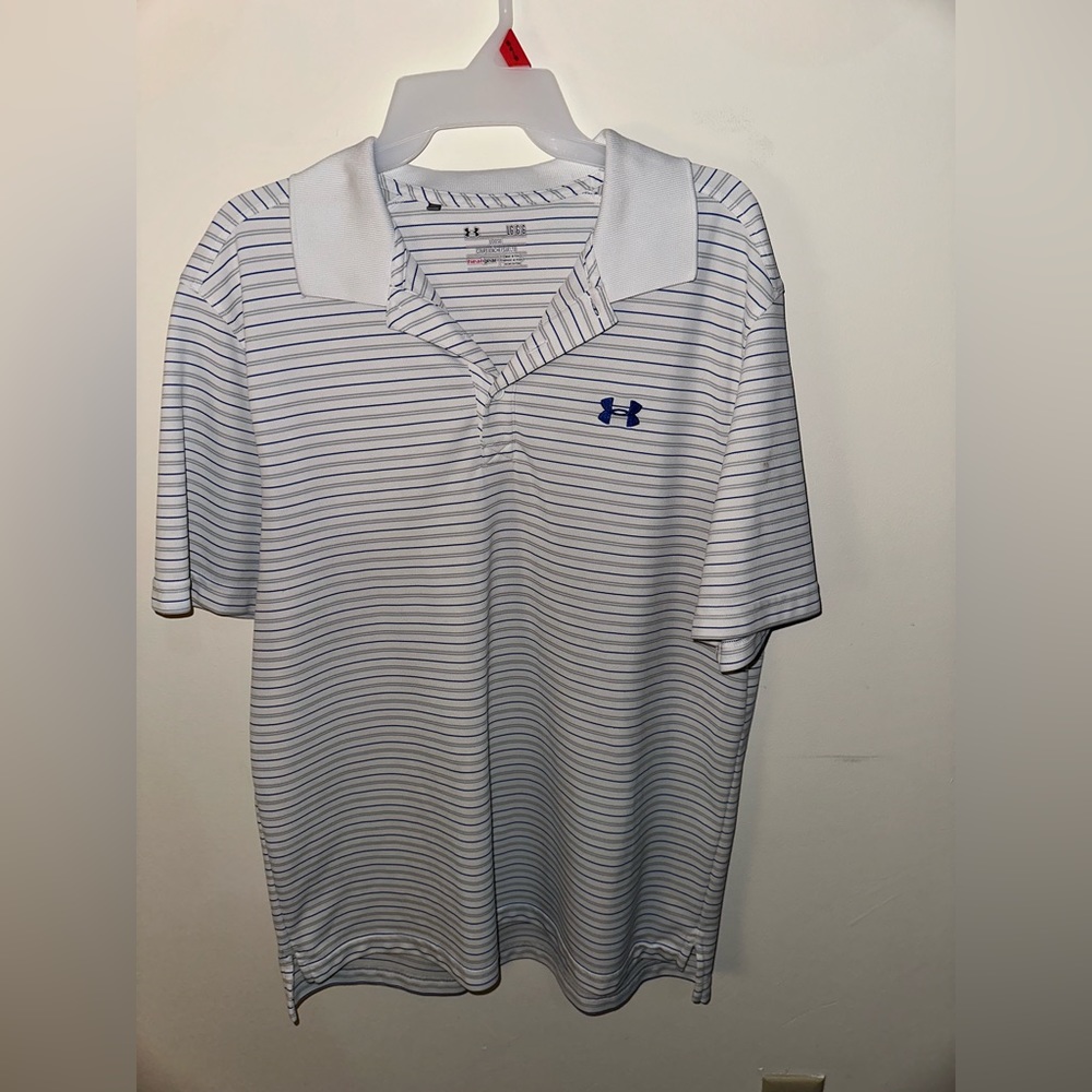 White Large Under Armor Polo with Blue and Gray Horizontal Stripes